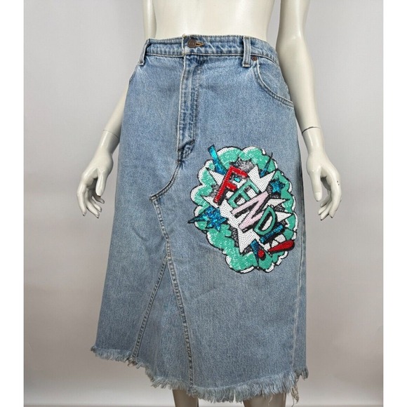 Levis 551‎ Vintage 90s Handcrafted Denim Skirt Women 31 Waist Flaws* Applique - Picture 1 of 16